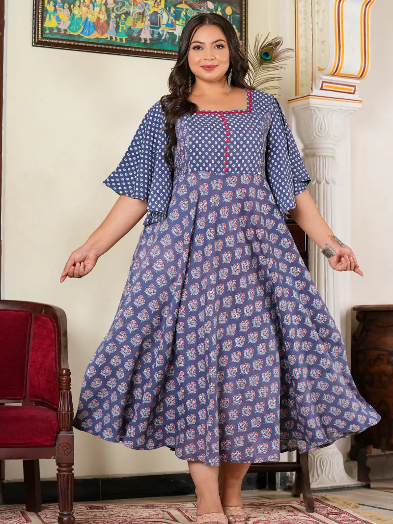 Plus Size Floral Printed Smoking Embroidered Maternity Wear Anarkali Kurti