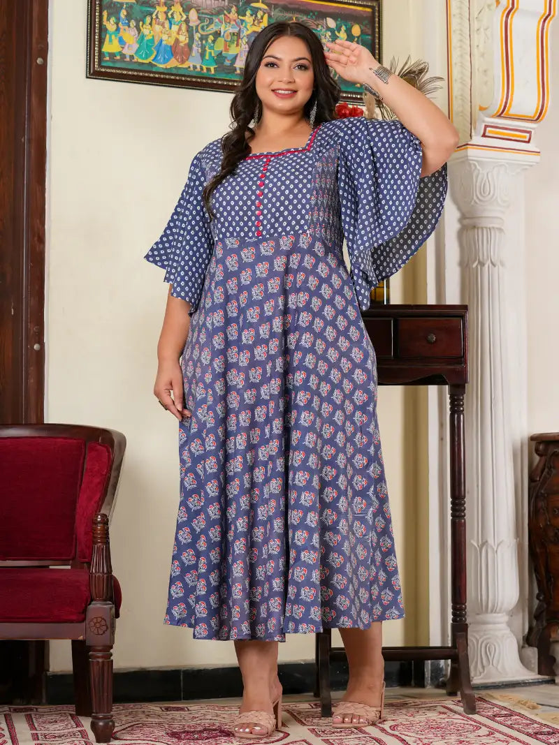 Plus Size Floral Printed Smoking Embroidered Maternity Wear Anarkali Kurti