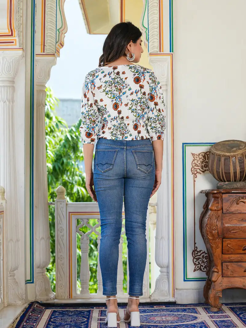 Floral Printed Smoking Top (White)