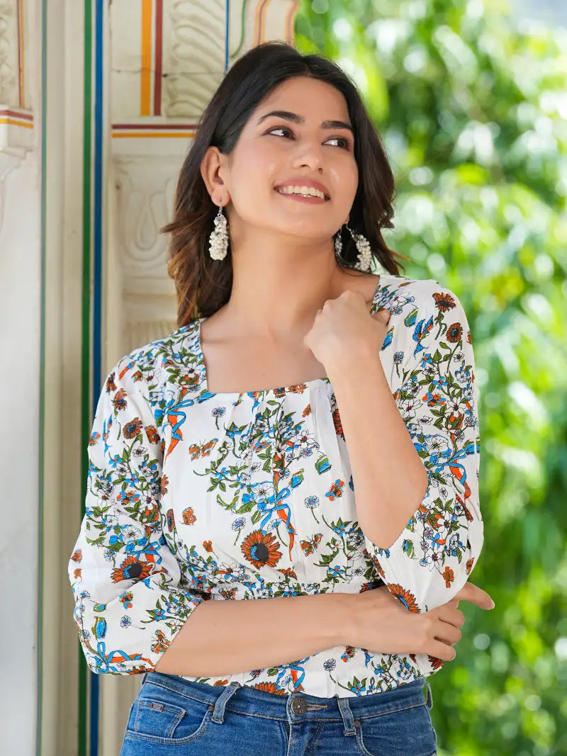 Floral Printed Smoking Top (White)