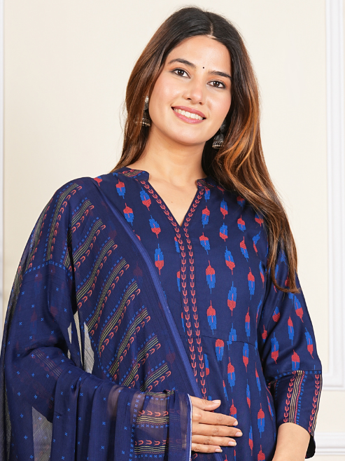 Fashion Plus Store Women's Rayon Ikat Printed Anarkali Kurta with Dupatta