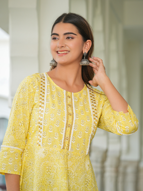 Cotton Floral Printed Embroidered Anarkali Kurta (Yellow)