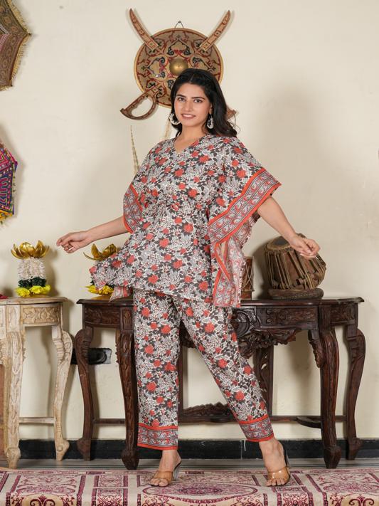 Multi Floral Printed Kaftan Co-ord Set