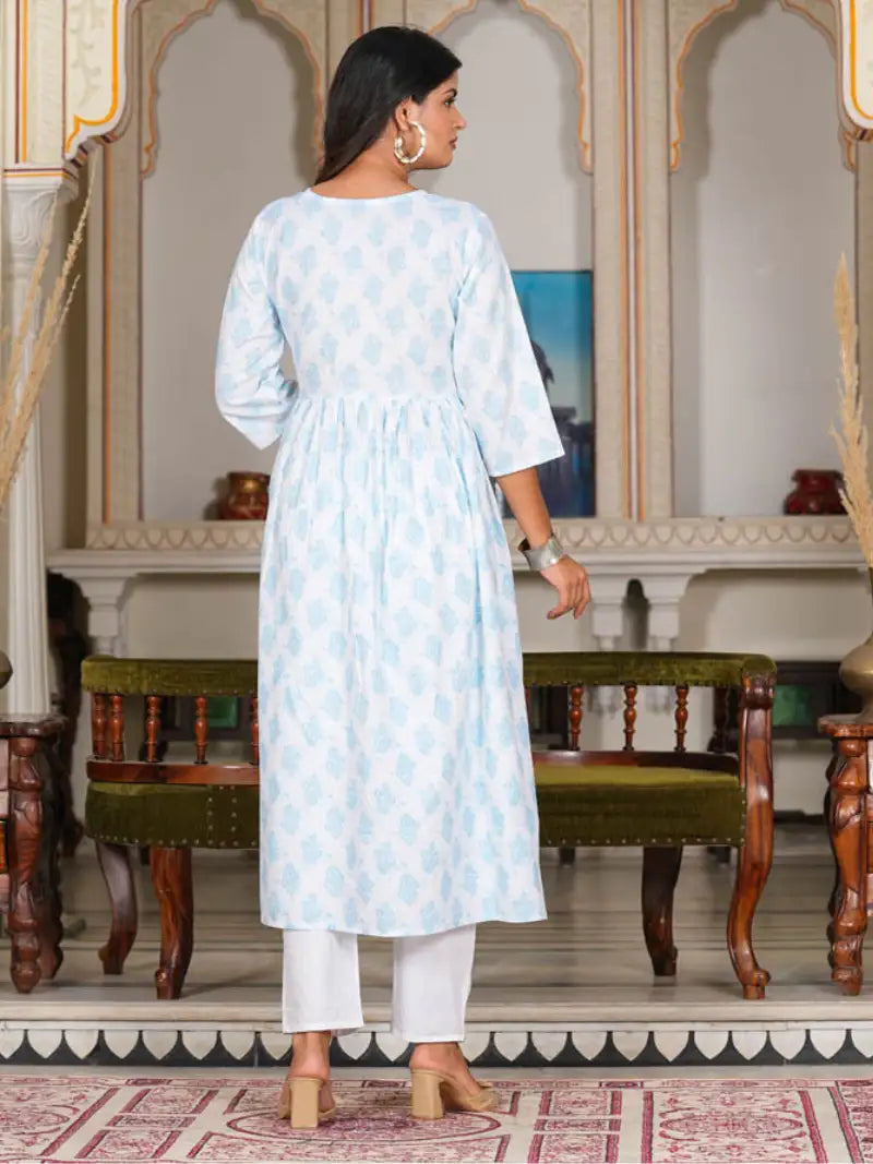 White Floral Embroidered Gathered Kurta with Pant & Dupatta