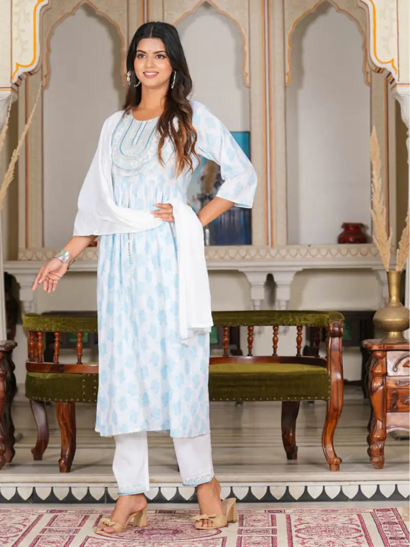 White Floral Embroidered Gathered Kurta with Pant & Dupatta