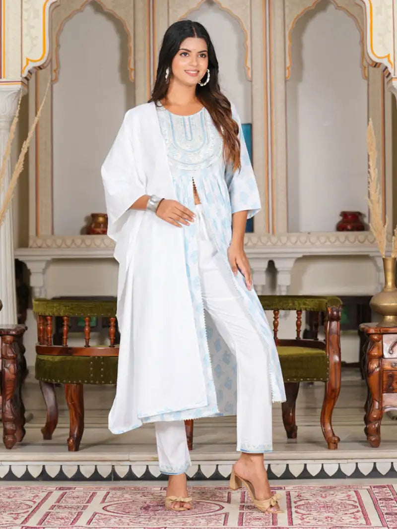 White Floral Embroidered Gathered Kurta with Pant & Dupatta
