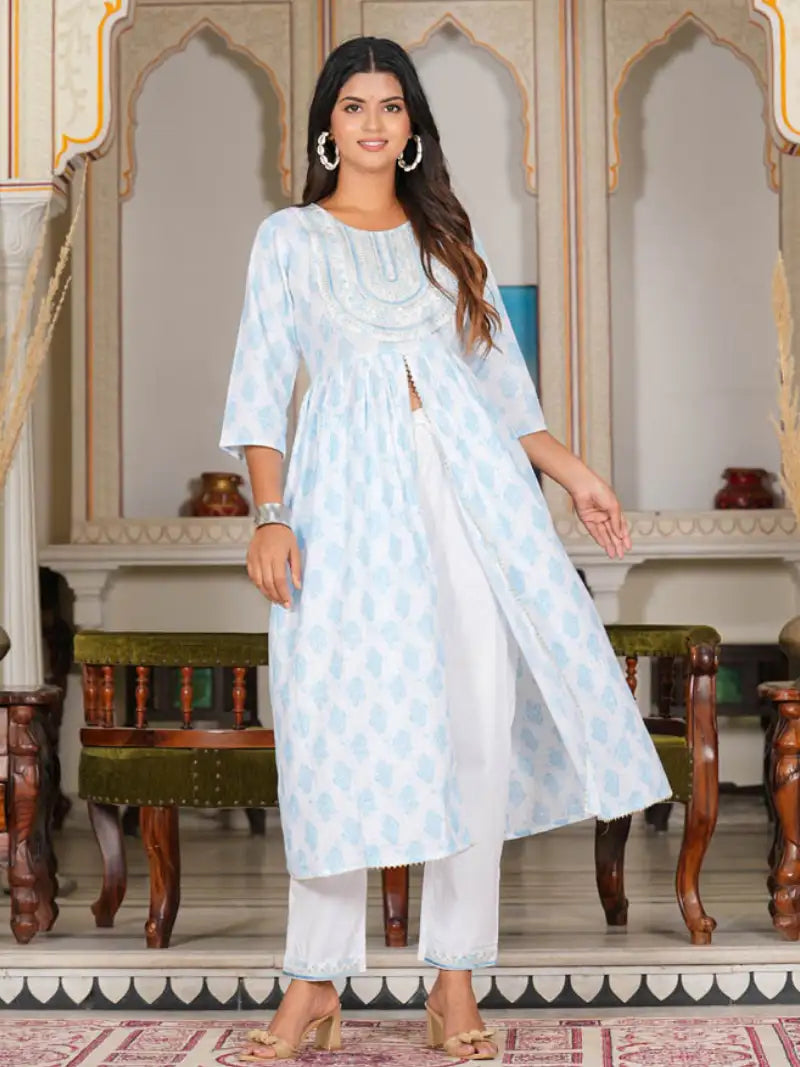 White Floral Embroidered Gathered Kurta with Pant & Dupatta