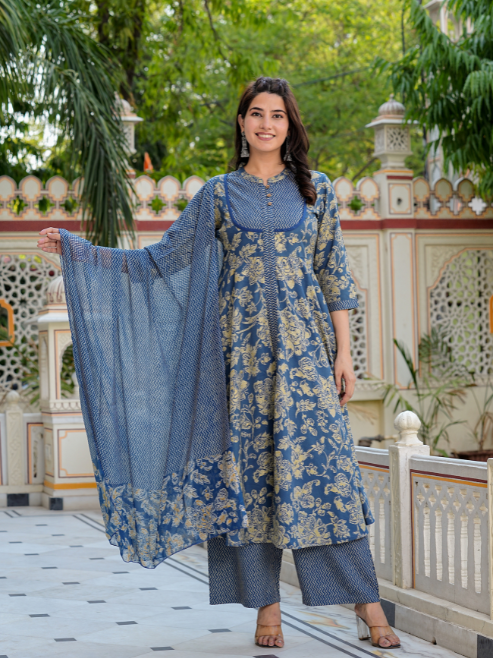 Floral Printed Anarkali Kurta with Zig-Zag Printed Pant & Dupatta (Blue)