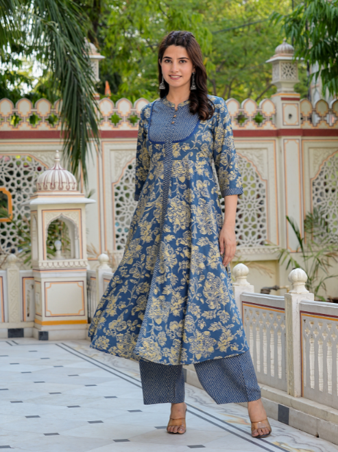 Floral Printed Anarkali Kurta with Zig-Zag Printed Pant & Dupatta (Blue)