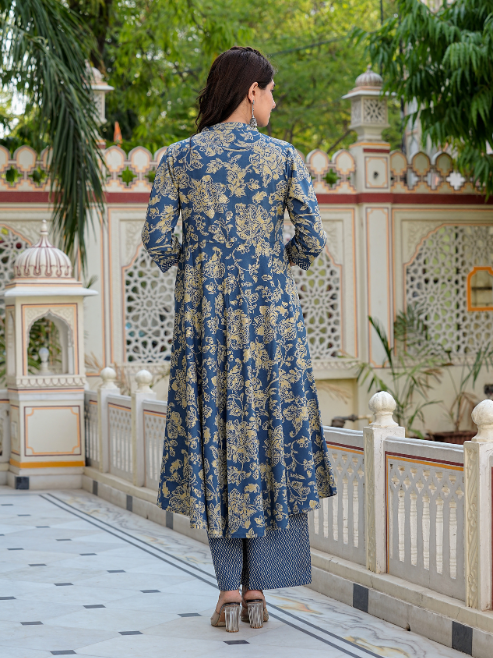Floral Printed Anarkali Kurta with Zig-Zag Printed Pant & Dupatta (Blue)