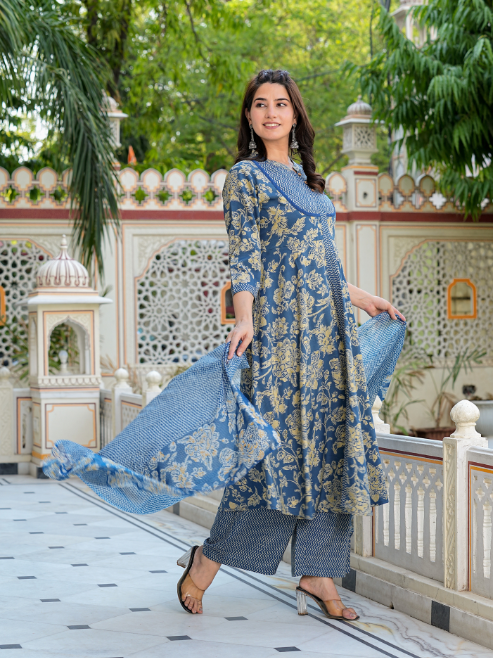 Floral Printed Anarkali Kurta with Zig-Zag Printed Pant & Dupatta (Blue)