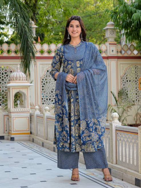 Floral Printed Anarkali Kurta with Zig-Zag Printed Pant & Dupatta (Blue)
