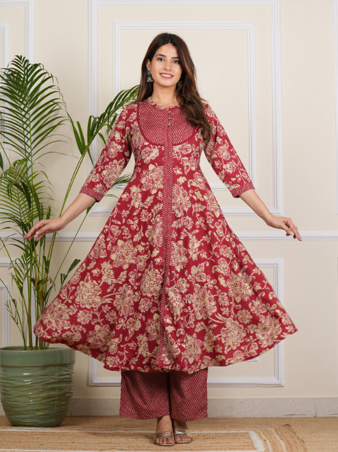 Floral Printed Anarkali Kurta with Zig-Zag Printed Pant & Dupatta (Maroon)