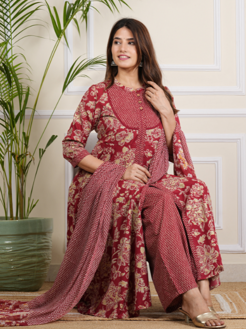 Floral Printed Anarkali Kurta with Zig-Zag Printed Pant & Dupatta (Maroon)