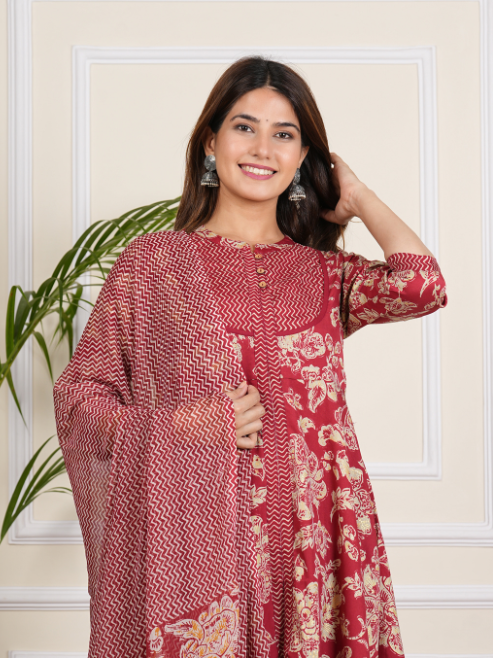 Floral Printed Anarkali Kurta with Zig-Zag Printed Pant & Dupatta (Maroon)