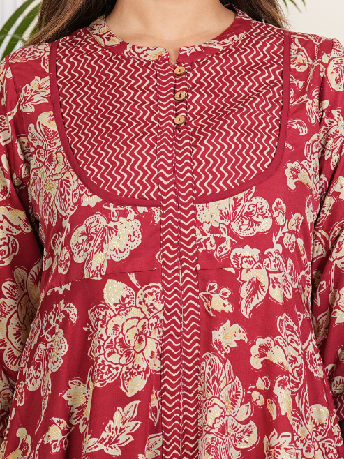 Floral Printed Anarkali Kurta with Zig-Zag Printed Pant & Dupatta (Maroon)