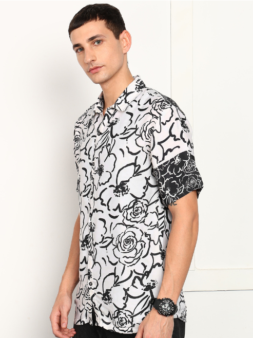 Fashion Plus StoreMen's Polyester Floral Printed Regular Shirt (Black)