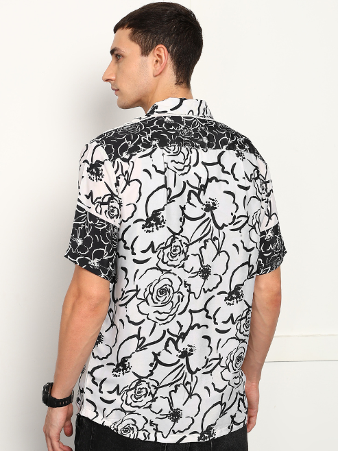 Fashion Plus StoreMen's Polyester Floral Printed Regular Shirt (Black)