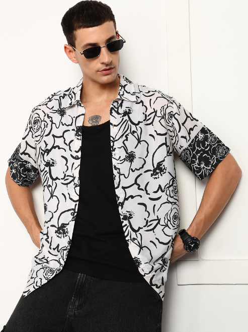 Fashion Plus StoreMen's Polyester Floral Printed Regular Shirt (Black)