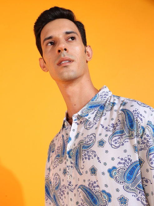 Fashion Plus StoreMen's Polyester Floral Buti Printed Regular Shirt (White)