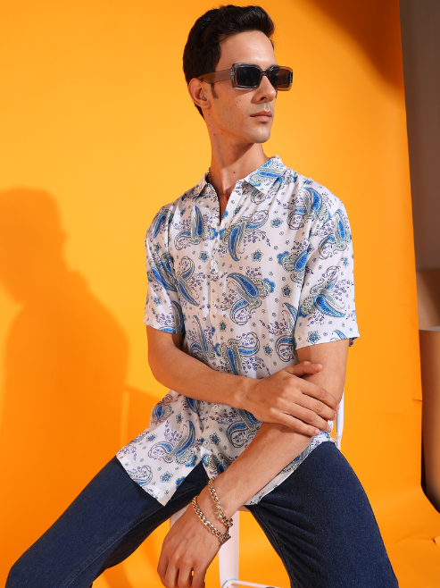 Fashion Plus StoreMen's Polyester Floral Buti Printed Regular Shirt (White)