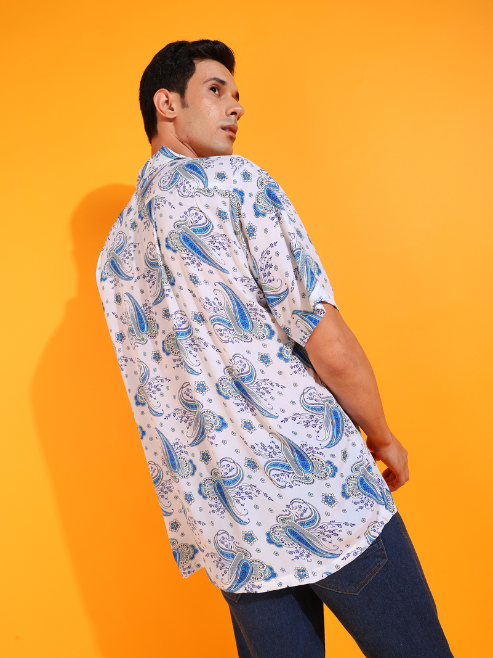 Fashion Plus StoreMen's Polyester Floral Buti Printed Regular Shirt (White)