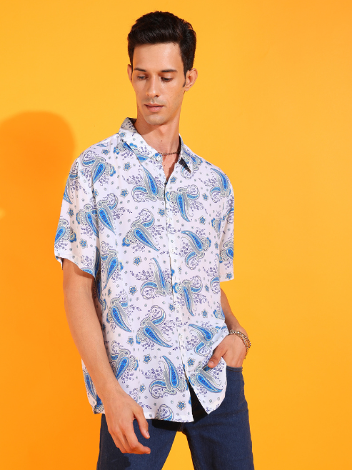 Fashion Plus StoreMen's Polyester Floral Buti Printed Regular Shirt (White)