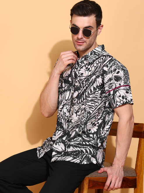 Fashion Plus StoreMen's Polyester Floral Printed Regular Shirt (Black)