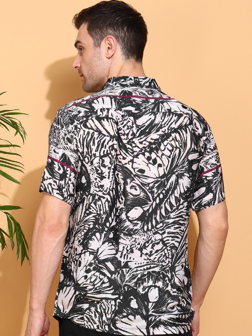 Fashion Plus StoreMen's Polyester Floral Printed Regular Shirt (Black)