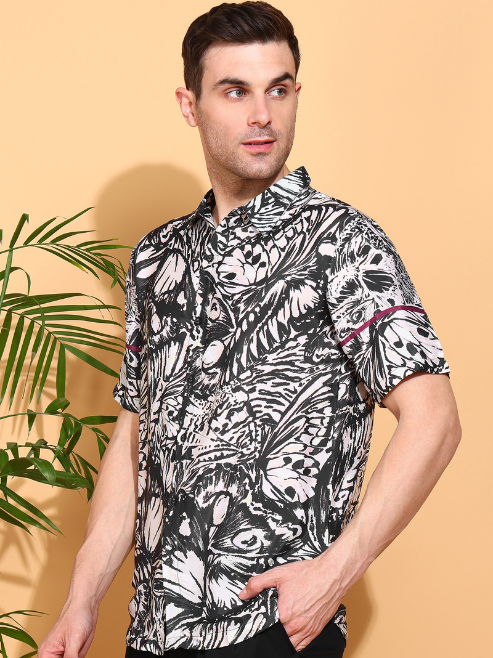 Fashion Plus StoreMen's Polyester Floral Printed Regular Shirt (Black)