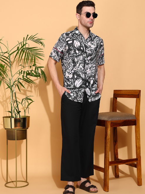 Fashion Plus StoreMen's Polyester Floral Printed Regular Shirt (Black)