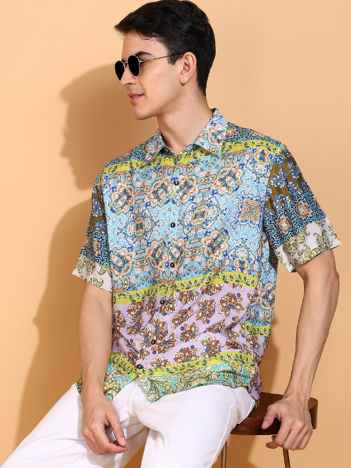 Fashion Plus Store Men's Polyester Geometrical Printed Regular Shirt (Multi)