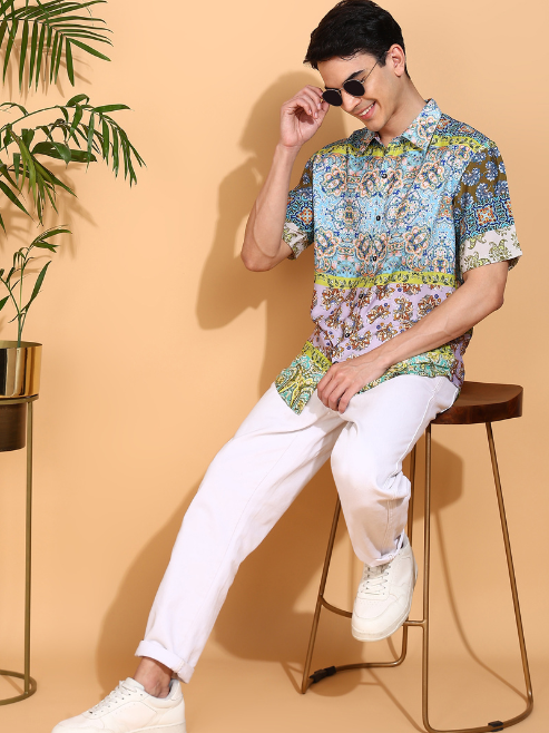 Fashion Plus Store Men's Polyester Geometrical Printed Regular Shirt (Multi)