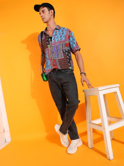 Fashion Plus Store Men's Polyester Abstract Printed Regular Shirt (Multi)
