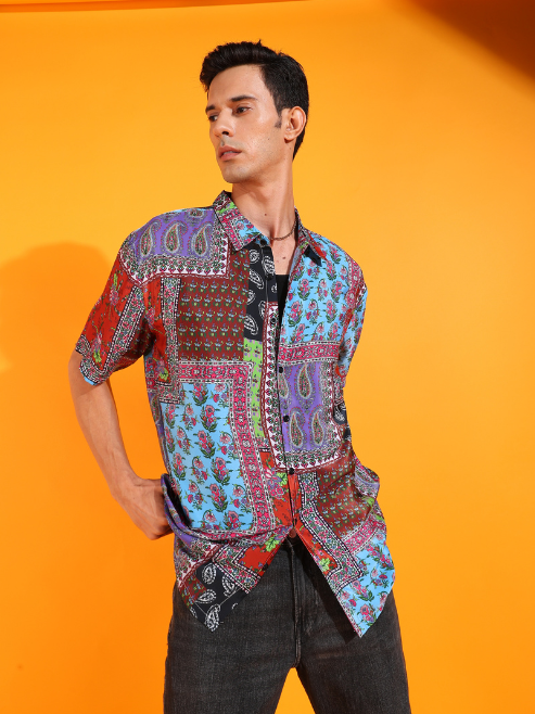 Fashion Plus Store Men's Polyester Abstract Printed Regular Shirt (Multi)