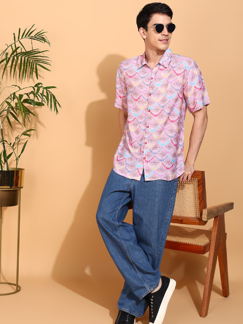 Fashion Plus StoreMen's Polyester Floral Printed Regular Shirt (Pink)