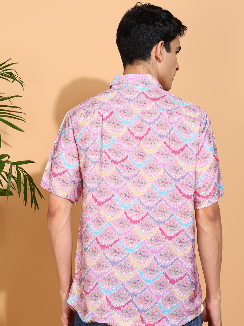 Fashion Plus StoreMen's Polyester Floral Printed Regular Shirt (Pink)