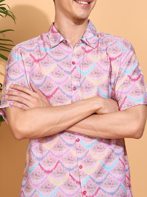 Fashion Plus StoreMen's Polyester Floral Printed Regular Shirt (Pink)