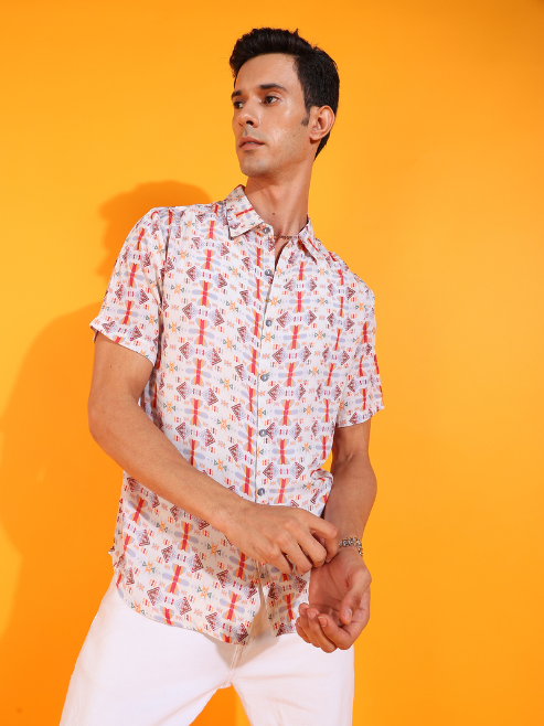 Fashion Plus StoreMen's Polyester Geometrical Printed Regular Shirt (Multi)