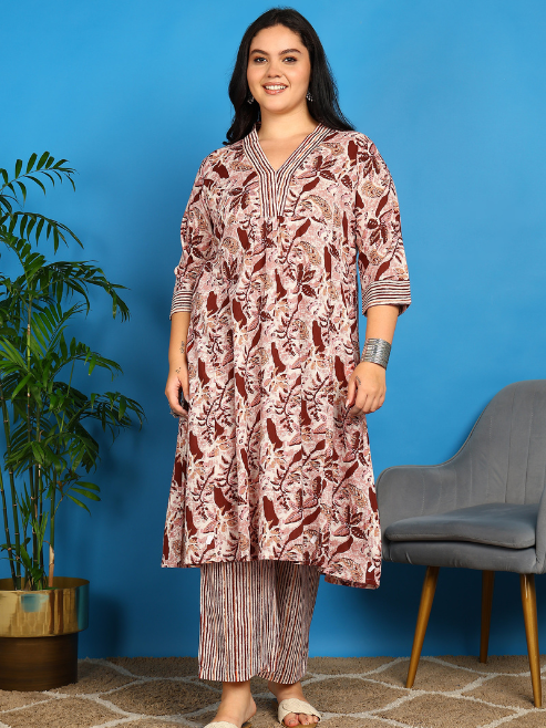 FASHION PLUS STORE Women’s Pure Cotton A-line Floral Print Kurta with Striped Pant & Dupatta V-Neck, 3/4 Sleeves