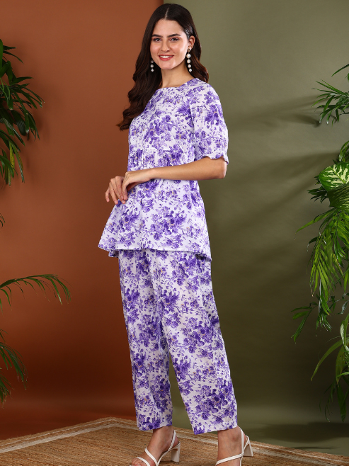 Fashion Plus Store Women's Lavender Cambric Cotton Floral Print Square Neck Peplum Puff Sleeve Co-ord Set || Peplum And Pant