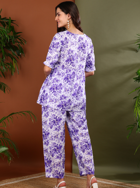 Fashion Plus Store Women's Lavender Cambric Cotton Floral Print Square Neck Peplum Puff Sleeve Co-ord Set || Peplum And Pant