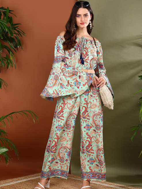 Fashion Plus Store Women’s Mint Green Printed Co-Ord Set | Off-Shoulder Crop Top & Wide-Leg Pants | Polyester Fabric | Casual & Party Wear