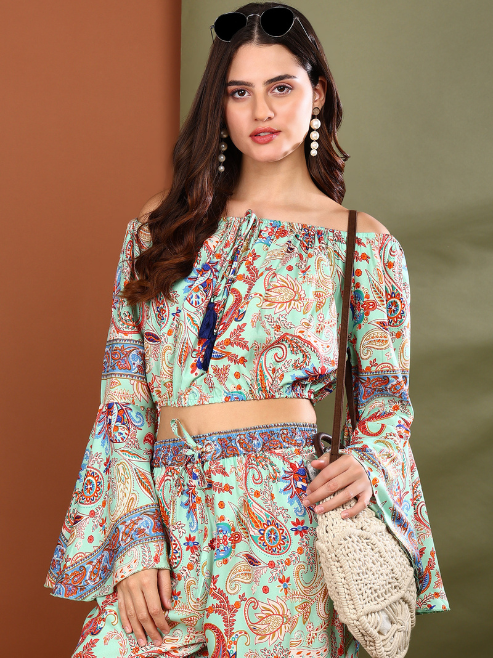 Fashion Plus Store Women’s Mint Green Printed Co-Ord Set | Off-Shoulder Crop Top & Wide-Leg Pants | Polyester Fabric | Casual & Party Wear
