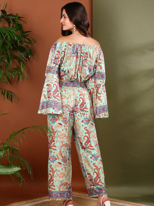 Fashion Plus Store Women’s Mint Green Printed Co-Ord Set | Off-Shoulder Crop Top & Wide-Leg Pants | Polyester Fabric | Casual & Party Wear