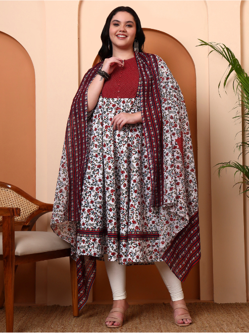 Fashion Plus Store Women's Cotton Floral Print With kantha Yoke Calf Length Round Neck 3/4TH Sleeve Anarkali Kurta And Duptta (White)