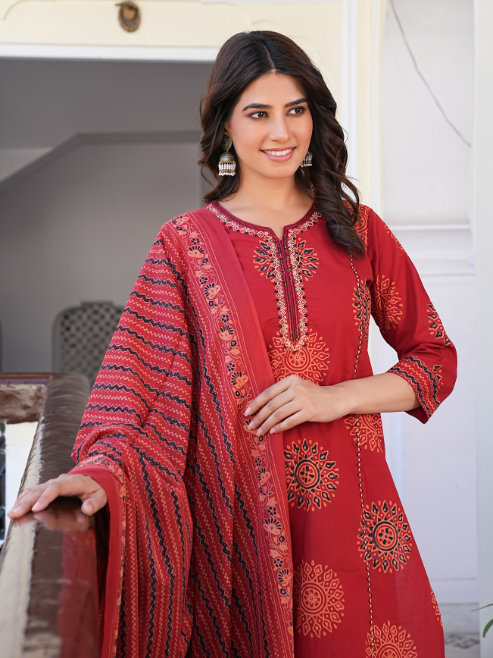 Maroon Printed Kurta Set with Dupatta for Women – Festive & Ethnic Wear