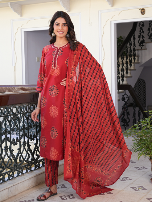 Maroon Printed Kurta Set with Dupatta for Women – Festive & Ethnic Wear