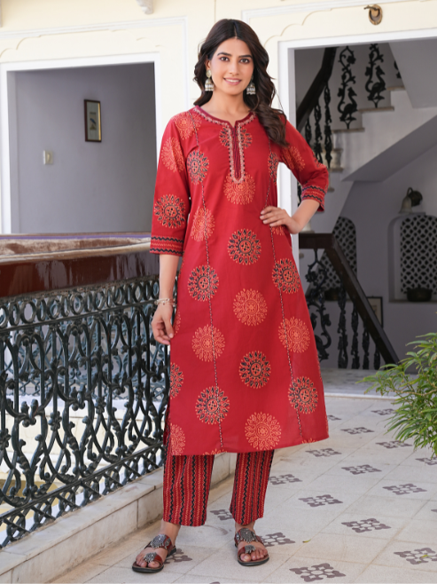 Maroon Printed Kurta Set with Dupatta for Women – Festive & Ethnic Wear
