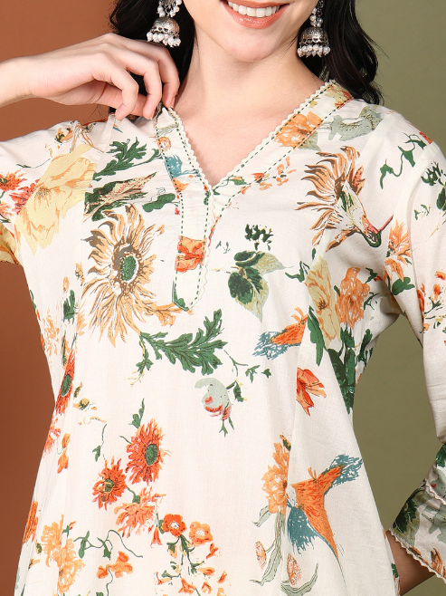 White Floral Printed Kurta Set with Dupatta for Women – Elegant Ethnic Wear